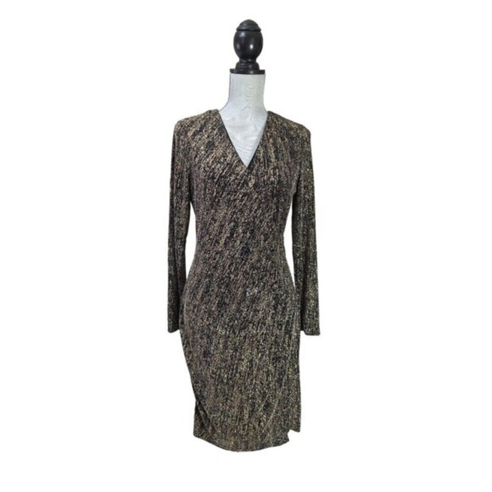 Calvin Klein Long Sleeve Dress Womens 8 Black Gold Metallic Fitted Evening Event